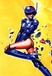  1980s_(style) 1girl armor ass body_armor bottomless breasts bubblegum_crisis butt_crack character_request commentary cropped damaged debris english_commentary glint highres lips looking_at_viewer machinery mecha medium_breasts official_art oldschool painting_(medium) power_armor priscilla_asagiri promotional_art retro_artstyle robot scan science_fiction tony_takezaki traditional_media undressing 
