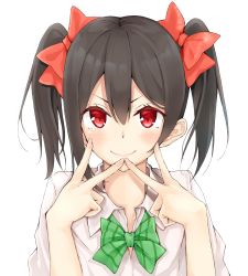 &gt;:) 10s 1girl bad_id bad_pixiv_id bow bowtie brown_hair closed_mouth collared_shirt commentary_request double_v flat_(joppin_karu!) green_bow green_bowtie hair_between_eyes hair_bow highres long_hair looking_at_viewer love_live! love_live!_school_idol_project red_bow red_eyes school_uniform shirt short_hair simple_background smile solo striped_bow striped_bowtie striped_clothes striped_neckwear twintails upper_body v v-shaped_eyebrows white_background white_shirt yazawa_nico rating:Sensitive score:26 user:danbooru