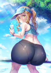  1boy ass bare_shoulders bike_shorts blonde_hair blush bulge crossdressing from_behind from_below hat highres huge_ass long_hair looking_at_viewer natsusora_wakana nobady original pantylines ponytail shiny shiny_clothes shiny_hair shiny_skin smile solo sports_bra trap visor_cap  rating:Questionable score:72 user:armorcrystal
