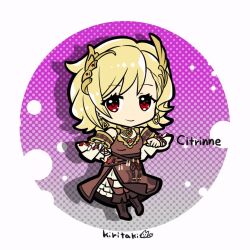  1girl artist_name bare_shoulders blonde_hair boots brown_dress brown_footwear character_name chibi chibi_only citrinne_(fire_emblem) closed_mouth dress earrings fire_emblem fire_emblem_engage full_body hand_on_own_hip jewelry kiritaki looking_at_viewer nintendo red_eyes smile solo 