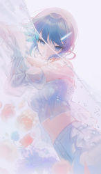  1girl absurdres arms_up bare_shoulders blouse blue_eyes blue_hair flower hair_ornament hairclip hands_up highres midriff open_mouth original see-through shirt short_hair skirt snow_is solo stomach swept_bangs underwater water wet wet_clothes white_shirt white_skirt  rating:Questionable score:6 user:KZcheese