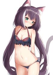 1girl absurdres animal_ear_fluff animal_ears arms_behind_back bare_shoulders bikini blue_bikini blush breasts cat_ears cat_girl cat_tail cleavage closed_mouth collarbone cowboy_shot frilled_bikini frilled_bikini_top frills gluteal_fold green_eyes haru_(renol) head_tilt highres karyl_(princess_connect!) karyl_(summer)_(princess_connect!) long_hair looking_at_viewer low_twintails medium_breasts multicolored_hair navel princess_connect! purple_hair simple_background solo stomach streaked_hair swimsuit tail thigh_gap twintails very_long_hair white_background white_hair rating:Questionable score:27 user:danbooru
