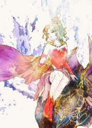  1girl abstract_background cape commentary detached_sleeves dress final_fantasy final_fantasy_vi full_body green_hair looking_to_the_side magitek_armor pantyhose red_dress red_footwear red_sleeves ruka_(blueplus84) short_dress solo strapless strapless_dress tina_branford white_background white_pantyhose 