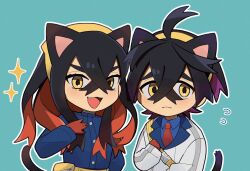  1boy 1girl animal_ears aqua_background bag black_hair blue_jacket blue_shirt blush brother_and_sister carmine_(pokemon) cat_boy cat_ears cat_girl cat_tail chibi collared_shirt creatures_(company) crossed_bangs fang flying_sweatdrops game_freak gloves hair_between_eyes hairband highres jacket kieran_(pokemon) long_hair long_sleeves looking_at_viewer mole mole_on_neck mole_under_eye multicolored_hair nintendo open_mouth outline pokemon pokemon_sv purple_hair red_gloves red_hair shirt siblings simple_background sparkle tail upper_body usagi_mochi_(nsi_0012) white_outline yellow_eyes 