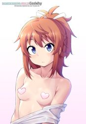  1girl bare_shoulders blue_eyes breasts censored collarbone commentary english_text expressionless geewhy gradient_background hair_ribbon heart heart_censor koshigaya_natsumi looking_at_viewer non_non_biyori orange_hair pink_background ponytail ribbon shirt short_ponytail sidelocks small_breasts solo subscribestar_username symbol-only_commentary tan tanline topless undressing upper_body white_background white_ribbon white_shirt  rating:Questionable score:181 user:danbooru
