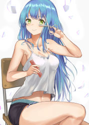  1girl bare_arms bare_shoulders black_shorts blue_hair blush breasts camisole chair cleavage closed_mouth collarbone comb commentary green_eyes grey_background hand_up highres holding holding_comb holding_scissors long_hair looking_at_viewer medium_breasts mosta_(lo1777789) navel on_chair original scissors short_shorts shorts simple_background sitting smile solo symbol-only_commentary very_long_hair white_camisole  rating:Sensitive score:8 user:danbooru