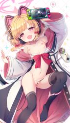  1girl animal_ear_headphones animal_ears artist_name black_thighhighs blonde_hair blue_archive blush bow breasts cat_ear_headphones completely_nude controller fake_animal_ears fang full_body game_controller grid_background hair_bow half-closed_eyes halo handheld_game_console headphones heart highres holding holding_handheld_game_console hyouri_nakamoto jacket knee_up loli long_sleeves looking_at_viewer low-tied_sidelocks lying momoi_(blue_archive) multicolored_clothes multicolored_jacket naked_jacket navel nipples nude on_back open_mouth panties panties_around_leg pink_bow pink_eyes pink_halo pixel_heart short_hair small_breasts smile solo sparkle spoken_heart stained_panties thighhighs underwear wide_sleeves 