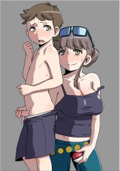  1boy 1girl absurdres age_difference beauty_(pokemon) breasts brown_eyes brown_hair cleavage creatures_(company) denim erection eyebrows game_freak gendaniku grey_background handjob hetero highres holding holding_poke_ball jeans large_breasts nintendo npc_trainer pants penis poke_ball pokemon shorts shota simple_background small_penis strap_slip sunglasses sunglasses_on_head sweat tank_top tearing_up tears topless uncensored youngster_(pokemon)  rating:Explicit score:274 user:m1_gel