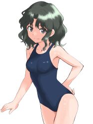  1girl amagami black_hair blue_one-piece_swimsuit breasts commentary_request cowboy_shot highres medium_breasts medium_hair messy_hair new_school_swimsuit one-piece_swimsuit parted_bangs school_swimsuit simple_background solo standing swimsuit tanamachi_kaoru usagii! white_background  rating:Sensitive score:6 user:danbooru