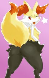  1girl animal_ears ass braixen breasts creatures_(company) fang female_focus fox_ears fox_tail from_behind furry furry_female game_freak gen_6_pokemon happy highres huge_ass jpeg_artifacts karasumareko legs_apart looking_back nintendo no_pussy one_eye_closed open_mouth pink_background pokemon pokemon_(creature) red_eyes simple_background small_breasts smile solo standing star_(symbol) tail thick_thighs thighs wide_hips wink 