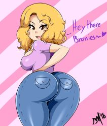  1girl absurdres ass blonde_hair bmayyneart brown_eyes cowboy_shot curvy denim female_focus from_behind highres huge_ass jeans leaning_forward legs_together looking_at_viewer looking_back pants purple_shirt real_life shirt short_sleeves skindentation solo standing tara_strong teasing voice_actor wide_hips  rating:Explicit score:16 user:Adam_McCall