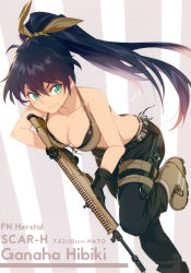  &gt;:) 1girl antenna_hair assault_rifle bare_shoulders bikini bikini_top_only black_gloves black_hair boots breasts character_name cleavage closed_mouth collarbone fang fang_out fn_scar front-tie_bikini_top front-tie_top ganaha_hibiki gloves green_eyes gun hair_between_eyes halterneck highres idolmaster idolmaster_(classic) leaning_forward long_hair looking_at_viewer medium_breasts ponytail rifle satori0121 scan side-tie_bikini_bottom smile solo standing standing_on_one_leg swimsuit thigh_strap v-shaped_eyebrows very_long_hair weapon 