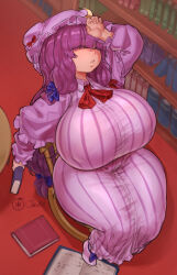  1girl breasts full_body highres huge_breasts long_hair ourobot patchouli_knowledge plump purple_eyes purple_hair sitting solo thick_thighs thighs touhou very_long_hair wide_hips  rating:Sensitive score:96 user:RIG