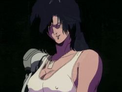 1990s_(style) a.d._police_files animated breasts brown_hair covered_erect_nipples cyberpunk dog_tags gina_marceau large_breasts lowres prosthesis prosthetic_arm retro_artstyle white_eyes