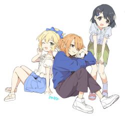 3girls alternate_eye_color arm_at_side artist_name bad_tag baggy_clothes baggy_pants bare_legs bare_shoulders black_hair blonde_hair blue_bow blue_shirt blue_shorts bow brown_eyes buttons child chipochopo324 collared_shirt criss-cross_strings dot_nose eyelashes fingernails flat_chest floral_print floral_print_shirt frilled_footwear frilled_shirt frilled_shirt_collar frills green_eyes green_skirt grey_eyes grey_pants hair_between_eyes hair_bow hair_ornament hairclip half_updo hand_on_own_cheek hand_on_own_face hand_up hands_up head_tilt heart heart_hair_ornament highres idol idolmaster idolmaster_cinderella_girls idolmaster_cinderella_girls_u149 knees_up leaning leaning_forward long_bangs long_hair long_sleeves looking_at_viewer looking_to_the_side medium_bangs medium_hair multiple_girls off-shoulder_shirt off_shoulder official_alternate_costume official_alternate_hairstyle one_eye_closed open_mouth orange_hair pants pink_footwear pocket ponytail puffy_short_sleeves puffy_sleeves rabbit_hair_ornament ribbon sakurai_momoka sandals sasaki_chie shirt shoes short_sleeves shorts sidelocks signature simple_background sitting skirt smile sneakers socks standing straight_hair swept_bangs teeth tongue wavy_hair white_background white_footwear white_ribbon white_shirt white_socks yuuki_haru