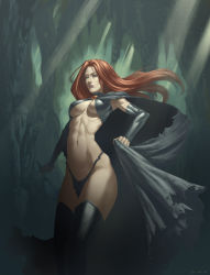  10s 1girl breasts cape choker floating_hair goblin_queen green_eyes highres jean_grey large_breasts leggings madelyne_pryor marvel mature_female red_hair revealing_layer solo speh thong torn_clothes wide_hips x-men  rating:Questionable score:90 user:danbooru