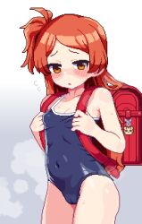  1girl :o alternate_costume backpack bag bag_charm blue_one-piece_swimsuit blush breasts cameltoe charm_(object) cleft_of_venus collarbone commentary flying_sweatdrops highres holding holding_bag hothot148 idolmaster idolmaster_million_live! loli long_hair looking_at_viewer ogami_tamaki old_school_swimsuit one-piece_swimsuit one_side_up orange_hair pixel_art randoseru red_bag school_swimsuit small_breasts solo steaming_body swimsuit very_long_hair 