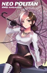  1girl black_gloves black_pants boots breasts brown_eyes brown_hair character_name cleavage closed_mouth collarbone copyright_name gloves heterochromia highres holding holding_umbrella jewelry legs_crossed looking_at_viewer medium_breasts multicolored_hair necklace neo_politan pants pink_eyes pink_hair rwby silver_hair sitting smug solo umbrella uyalago white_footwear 