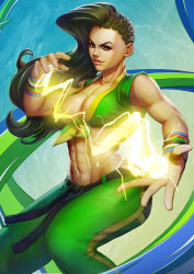  1girl abs bracelet breasts cleavage cornrows crop_top front-tie_top jewelry laura_matsuda lips midriff pants sleeveless smile solo soranoslayers street_fighter wavy_hair  rating:Questionable score:3 user:animeboy12