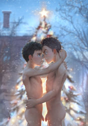  2boys abs arms_around_neck arms_around_waist backlighting bare_tree beitemian black_hair blue_eyes blurry blurry_background blush breath brown_eyes brown_hair christmas_tree cowboy_shot day eye_contact face-to-face flaccid foreskin from_side highres house hug looking_at_another male_focus multiple_boys muscular nipples nude original outdoors penis profile raised_eyebrow shota snow snowing tree yaoi  rating:Explicit score:158 user:danbooru