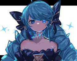 1girl ahoge bare_shoulders black_background black_bow black_dress bow breasts cleavage collarbone detached_sleeves dress drill_hair glowing glowing_eye green_eyes green_hair gwen_(league_of_legends) hair_bow highres large_breasts league_of_legends long_hair monakan_japan solo sparkle swept_bangs twin_drills twintails white_background rating:Sensitive score:3 user:danbooru