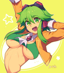  1girl :d arm_up ascot breasts commentary_request green_eyes green_hair gumi hair_between_eyes jacket long_sleeves looking_at_viewer medium_hair metata open_mouth orange_jacket smile solo star_(symbol) teeth underboob upper_body vocaloid white_ascot yellow_background 