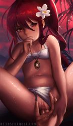 1girl bikini clothing_aside finger_to_mouth fingering flat_chest flower hair_flower hair_ornament highres jewelry loli long_hair navel otto pendant pussy pussy_juice red_eyes red_hair revision shakugan_no_shana shana shiny_skin sky solo_focus spread_legs sunset swimsuit swimsuit_aside uncensored watermark web_address wet rating:Explicit score:192 user:Domestic_Importer