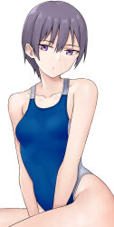 1girl breasts commentary_request competition_swimsuit expressionless hair_between_eyes hashi highleg highleg_swimsuit looking_at_viewer one-piece_swimsuit original purple_eyes purple_hair short_hair simple_background small_breasts solo swimsuit thighs tomboy white_background 