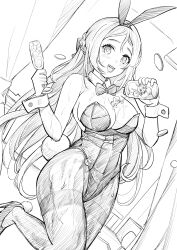 1girl :d animal_ears blush bow bowtie breasts cleavage coin cup detached_collar doro_(nikke) fake_animal_ears fake_tail folkwang_(moist_rabbit)_(nikke) folkwang_(nikke) goddess_of_victory:_nikke greyscale high_heels holding holding_cup ice large_breasts leotard long_hair monochrome open_mouth pantyhose playboy_bunny pouring pouring_onto_self rabbit_ears rabbit_tail smile sweatdrop tail wet yougenko
