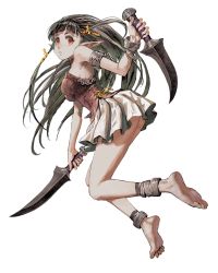  1girl anklet armlet barefoot black_hair bracelet breasts chain commentary_request dagger dual_wielding full_body highres holding jewelry jun_(navigavi) knife large_breasts long_hair looking_back original parted_lips pointy_ears red_eyes reverse_grip skirt solo weapon white_background  rating:Sensitive score:9 user:danbooru