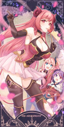  3girls altheavin armpits bare_shoulders black_bow black_bowtie black_gloves black_horns black_thighhighs blue_eyes bow bowtie breasts brooch cleavage cross-laced_clothes cross-laced_top curled_horns demon_girl demon_horns demon_tail elbow_gloves gem gloves heart heart_tail heterochromia highres horns io_(princess_connect!) jewelry large_breasts leaning_forward long_hair looking_at_viewer misaki_(princess_connect!) multiple_girls navel open_mouth pink_eyes pink_hair pink_horns pleated_skirt princess_connect! purple_hair red_gemstone red_tail side_ponytail skirt smile standing suzuna_(princess_connect!) swept_bangs tail thighhighs thighlet white_skirt 