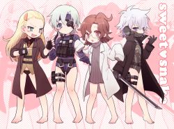 4girls 50yen_(gojiue) :d bare_legs barefoot blonde_hair blue_eyes blush blush_stickers brown_eyes brown_hair chibi coat copyright_name dress english_text eyepatch fang fingerless_gloves forehead genderswap genderswap_(mtf) glasses gloves green_eyes hair_ornament hairclip hal_emmerich headband konami lab_coat liquid_ocelot long_hair looking_at_viewer metal_gear_(series) metal_gear_solid metal_gear_solid_4:_guns_of_the_patriots multiple_girls necktie old_snake open_clothes open_coat open_mouth oversized_clothes panties pigeon-toed pointing popped_collar raiden_(metal_gear) short_hair sleeves_past_wrists smile solid_snake standing sweatdrop sweater sweater_dress sweet_snake sweetsnake sword trench_coat turtleneck underwear weapon white_hair zoom_layer