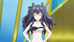  10s 1girl animated animated_gif black_hair breasts cleavage female_focus long_hair midriff navel neptune_(series) red_eyes smile solo swimsuit uni_(neptunia)  rating:Questionable score:35 user:Gabrien
