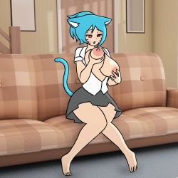 1girl animal_ears animated animated_gif aqua_hair barefoot breast_hold breasts breasts_out feet female_focus humanization indoors large_breasts lowres mike_inel nicole_watterson nipples red_eyes short_hair solo tail the_amazing_world_of_gumball toes rating:Explicit score:505 user:Liberius1