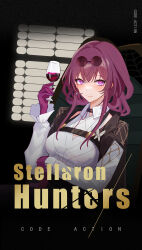  1girl absurdres alcohol commentary_request cup drinking_glass eyewear_on_head gloves hand_up highres holding holding_cup honkai:_star_rail honkai_(series) kafka_(honkai:_star_rail) long_hair long_sleeves looking_at_viewer musicatopos parody purple_eyes purple_gloves purple_hair shirt solo sunglasses the_godfather upper_body white_shirt wine wine_glass 