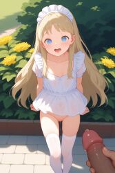  1boy 1girl age_difference ai-generated aurore_(takatou_sora) blonde_hair blue_eyes blush bottomless dress exhibitionism field flower flower_field from_above grass heart heart-shaped_pupils huge_penis loli long_hair maid_headdress open_mouth outdoors penis penis_grab pov precum public_indecency pussy pussy_juice saliva saliva_trail self-upload short_dress shy size_difference symbol-shaped_pupils teeth thighhighs tongue upper_teeth_only white_dress white_thighhighs 