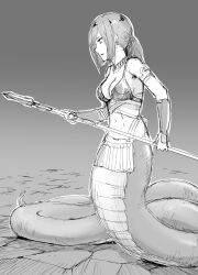  1girl bikini bikini_top_only breasts greyscale highres holding holding_polearm holding_weapon lamia medium_breasts monochrome monster_girl navel original polearm ponytail short_hair solo spear swimsuit weapon yumeaso 