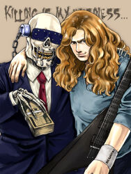  2010 2boys blue_shirt bracelet business_suit chain closed_mouth dave_mustaine electric_guitar english_text formal gibson_flying_v guitar hand_on_another&#039;s_shoulder heavy_metal instrument jewelry long_hair looking_at_viewer megadeth metal money multiple_boys open_mouth red_hair shirt skeletal_arm skeleton skull smile smug suit vic_rattlehead 
