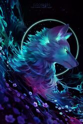  animal_ears animal_focus artist_name black_sky circle clockbirds commission flower from_side glowing glowing_eyes highres light_particles making-of_available medibang_paint_(medium) no_humans original photoshop_(medium) purple_flower sky smoke upper_body watermark whiskers wolf wolf_ears 