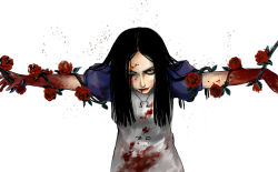  1girl alice:_madness_returns alice_(alice_in_wonderland) alice_in_wonderland alice_liddell_(american_mcgee&#039;s_alice) american_mcgee&#039;s_alice black_hair blood blood_on_clothes blood_splatter blue_eyes bound bound_arms flower highres injury jewelry long_hair looking_at_viewer one_eye_closed outstretched_arms pendant plant restrained rose solo vines wink zctc840  rating:Sensitive score:26 user:danbooru