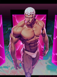  1boy abs bad_link chad_walker commentary curly_hair dark-skinned_male dark_skin forehead_jewel lips male_focus male_swimwear manly muscular short_hair sideburns solo street_fighter street_fighter_iii_(series) swimsuit thick_thighs thighs thong topless_male urien white_hair white_male_swimwear 
