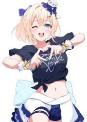  1girl :d absurdres belt black_shirt blonde_hair blue_bow blue_eyes blue_shorts blush bow collarbone commentary copyright_name cowboy_shot cropped_shirt crossed_bangs double-parted_bangs english_commentary english_text hair_bow hair_intakes hands_up hat hat_bow heart heart_hands highres hololive hololive_idol_uniform_(bright) kazama_iroha layered_skirt looking_at_viewer mawata0618 midriff mini_hat navel official_alternate_costume one_eye_closed open_mouth overskirt plaid plaid_bow ponytail print_shirt shirt short_shorts shorts simple_background skirt smile solo t-shirt teeth top_hat upper_teeth_only virtual_youtuber waist_bow white_background white_skirt wrist_cuffs 