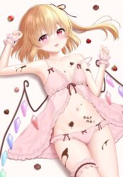  1girl absurdres babydoll blonde_hair breasts candy chocolate chocolate_heart chocolate_on_body cleavage commentary_request english_text flandre_scarlet food food_on_body heart highres navel nyanyanoruru open_mouth panties pink_panties side_ponytail small_breasts solo stomach strap_slip touhou underwear valentine 