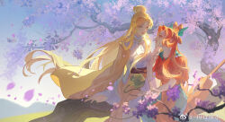  2girls aqua_dress arm_support blonde_hair blurry brooch brown_sash cape capelet cherry_blossoms chinese_clothes cone_hair_bun cookie_run curtained_hair day depth_of_field dress eye_contact eyeshadow facial_mark falling_petals feet_out_of_frame flower flower_facial_mark forehead_mark gold_osmanthus golden_osmanthus_cookie green_eyes hair_bun hair_flower hair_ornament half_updo hand_up highres holding humanization in_tree jewelry lips long_hair long_sleeves looking_at_another makeup mountain multiple_girls orange_capelet orange_dress orange_eyes orange_osmanthus_cookie osmanthus overskirt parted_bangs parted_lips petals pink_flower pipa_(instrument) pouch profile red_eyeshadow red_lips short_sleeves siblings sidelocks single_hair_bun sisters sitting sitting_in_tree skirt smile sunlight tree two-tone_dress very_long_hair weibo_logo weibo_watermark white_dress wind yellow_cape yellow_flower yellow_skirt zhouxinglvshui 