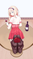  1girl alcohol azur_lane black_thighhighs blonde_hair blue_eyes blush bottle chinese_commentary closed_mouth commentary_request cup drinking_glass eyelashes feet feet_up foot_focus foreshortening from_behind full_body garter_straps gloves greek_toe hairband highres holding holding_with_feet indoors leander_(azur_lane) legs long_hair looking_at_viewer looking_back lying no_shoes on_stomach pleated_skirt red_skirt shirt short_sleeves skirt smile soles solo table thighhighs toes wcks0774 white_gloves white_shirt wine wine_bottle wine_glass wooden_floor 