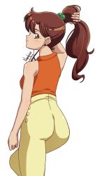  1girl ass bishoujo_senshi_sailor_moon blush brown_hair collared_shirt earrings exposed_shoulder green_eyes highres jewelry kino_makoto looking_at_viewer looking_back nanaeljustice pants ponytail red_shirt shirt shirt_tucked_in smile yellow_pants  rating:Questionable score:11 user:RapidsLurker15
