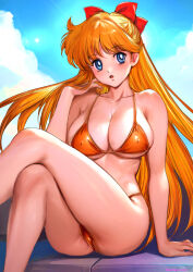 1girl aino_minako arm_support artist_name ass bare_arms bare_shoulders bikini bishoujo_senshi_sailor_moon blonde_hair blue_eyes blue_sky bow breasts cleavage cloud cloudy_sky collarbone covered_erect_nipples crossed_legs day hair_bow hair_ornament hand_up highleg highleg_bikini highres large_breasts long_hair looking_at_viewer open_mouth orange_bikini outdoors oyaman signature simple_background sitting sky solo swimsuit thighs rating:Sensitive score:71 user:danbooru