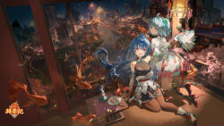  2girls aerial_fireworks ahoge arm_armor armor black_shirt black_skirt blue_hair blush boat breasts brown_pantyhose building cake cherry_blossoms chopsticks city cityscape collared_shirt curly_hair dragon dress elbow_gloves fingerless_gloves fireworks fish floating flower food fork gloves goldfish green_dress green_hair green_hairband hair_between_eyes hair_ornament hairband hand_fan hand_up happy happy_new_year highres holding indoors lamp large_breasts light logo long_hair looking_at_viewer mountain multiple_girls new_year night night_sky on_ground open_mouth open_window original pantyhose petals pink_flower pink_petals plate pleated_skirt qmthtdy red_eyes red_ribbon red_tassel ribbon river shirt short_hair sitting skirt sky strapless strapless_shirt sword table tassel tongue tree two_side_up vase watercraft weapon white_footwear white_trim window 