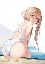 1girl 3: ass back_cutout bare_shoulders blonde_hair blue_eyes blush breasts rabbit_hair_ornament closed_mouth clothing_cutout commentary_request competition_swimsuit from_behind girls&#039;_frontline hair_ornament highres leaning_forward long_hair looking_at_viewer looking_back low_twintails medium_breasts one-piece_swimsuit pool poolside shirosaba signature solo suomi_(girls&#039;_frontline) swimsuit tile_floor tiles twintails water wedgie white_one-piece_swimsuit rating:Sensitive score:40 user:danbooru
