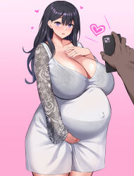  1boy 1girl big_belly black_bra black_hair black_panties blue_eyes bra bra_visible_through_clothes breasts cellphone cleavage clothes cowboy_shot dark-skinned_male dark_skin ear_piercing hand_on_own_chest hand_on_own_stomach heart heart-shaped_pupils highres huge_breasts hypnosis jewelry lace lace_bra lace_panties long_hair maternity_underwear mind_control nail_polish open_mouth outie_navel panties phone piercing ponchi_(menchi0925) pregnant ring see-through see-through_shirt standing symbol-shaped_pupils thick_thighs thighs underwear veins veiny_breasts wedding_ring 